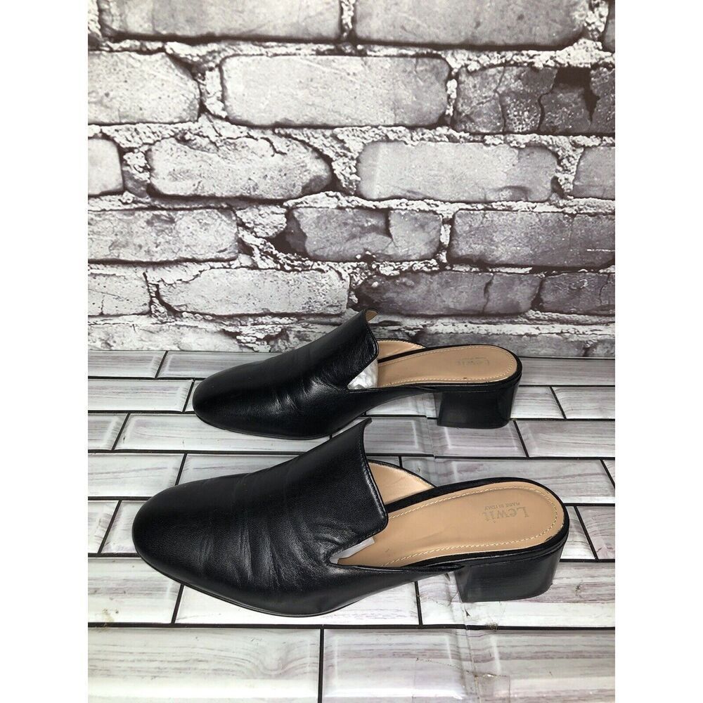 Lewit Black Leather Slip On Block Heel Mules Dress Shoes Women’s Sz 37.5EU/7M US